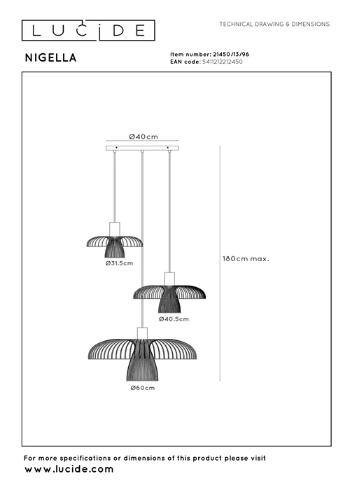 Lucide NIGELLA - Pendant light - Ø 76 cm - 3xGU10 (MR16) - Coffee - Essential - technical